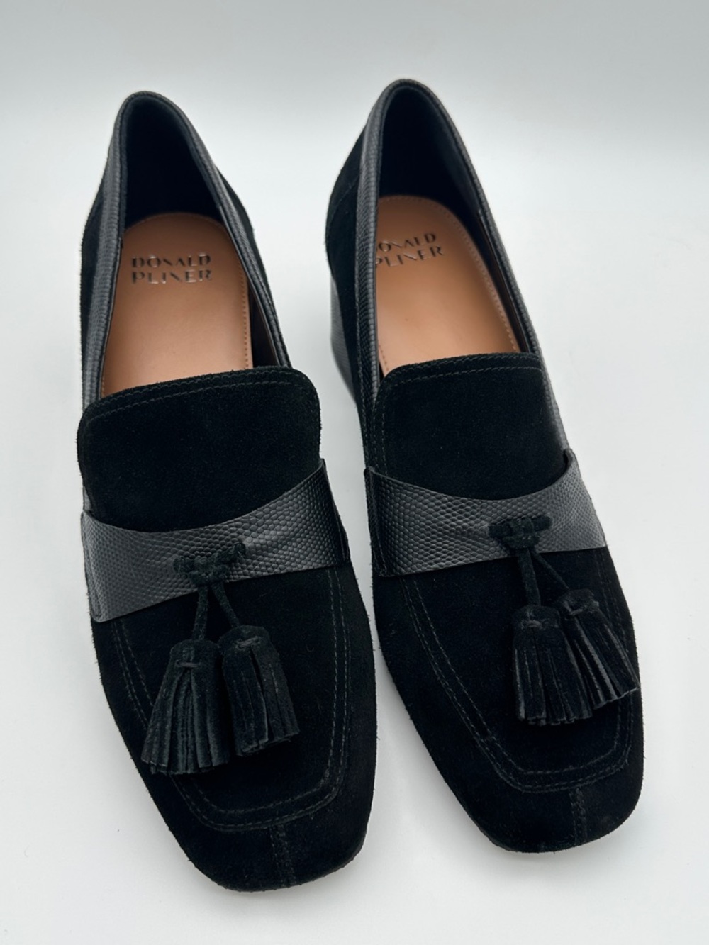 Donald Pliner Kressida Loafer Black Leather Suede Square Toe Shoe 10 Preppy Work - Picture 3 of 16